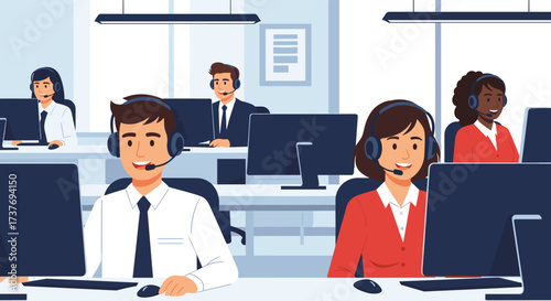 Customer service representatives assisting clients with their inquiries in a modern office setting.