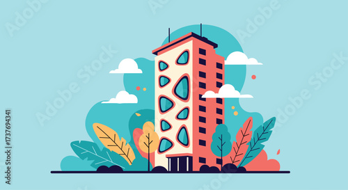 A tall modern apartment building with decorative windows surrounded by lush green plants and fluffy white clouds on a bright blue sky.