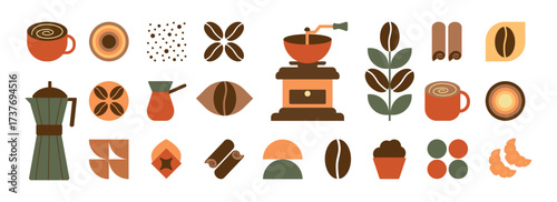 Coffee icons. Geometric coffee and tea pattern in minimalist style. Abstract print background with simple shapes for coffee shop, food packaging, cafe wall, menu.