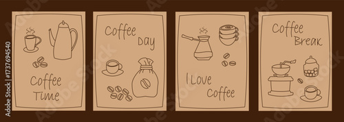 Set of coffee banners with a simple line pattern. Coffee shop flyers, cup, coffee machine, beans, types of coffee.