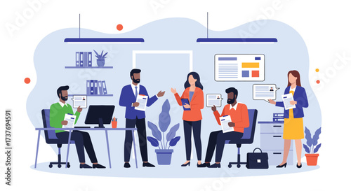 A diverse group of professionals collaborating on a project in a modern office setting with plants and technology.