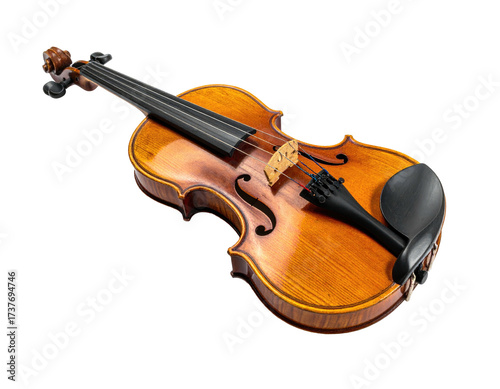 A classic wooden violin rests on a black background, showcasing its rich texture