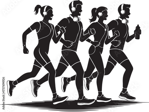 Group of Runners Silhouette with Headphones and Water Bottle running fitness