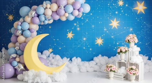 Whimsical Baby Shower Decor with Moon Balloons and Starry Night Sky