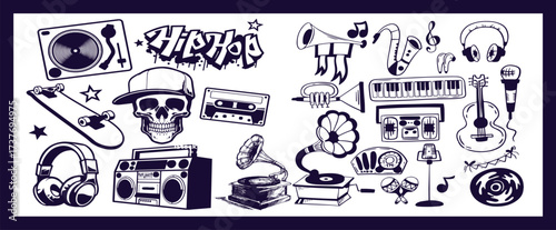 Set of flat illustrations of musical instruments, headphones, microphones, tape recorder, gramophone and radio in cartoon, hand-drawn style