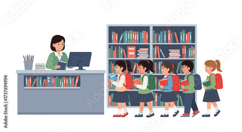 Children line up at a library circulation desk to check out books.