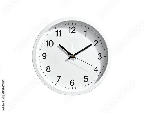 White circular analog clock on a black background, showing time