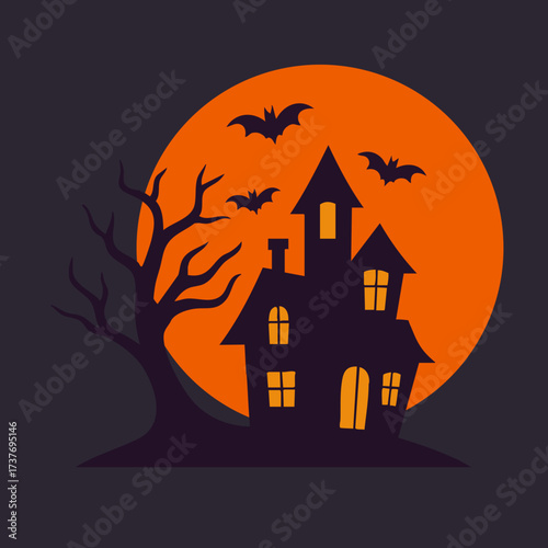 halloween background house night moon with bats 