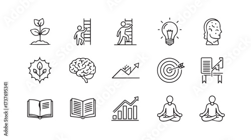 Doodle icons representing business growth success goals and personal development concepts vector