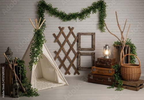 Bohemian Inspired Interior Decoration with Tent and Vintage Luggage