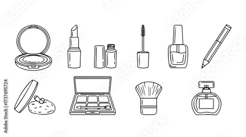 Collection of hand drawn makeup and beauty products line art icons for cosmetics and fashion vector