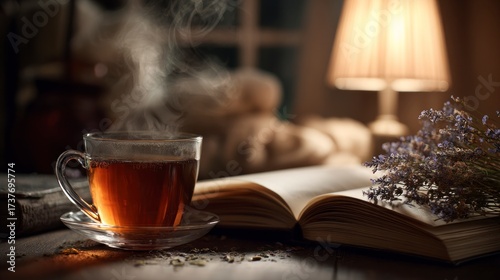 Warm tea and books at night
