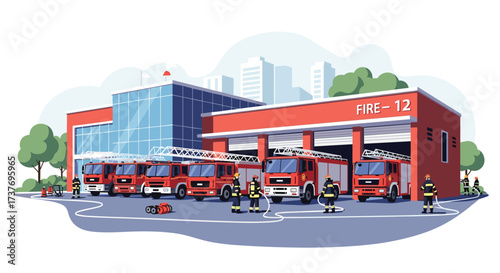 Firefighters and their red trucks at the station.
