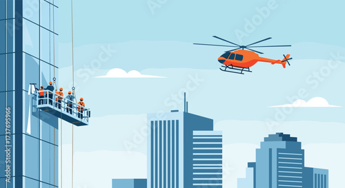 High rise window washing crew works on a modern glass skyscraper assisted by a hovering helicopter.