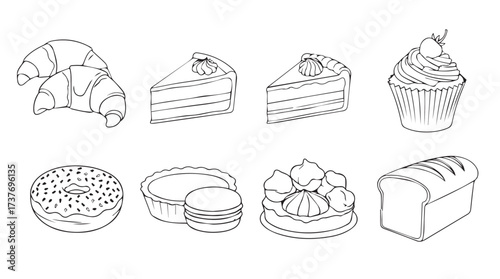 Collection of hand-drawn baked goods delicious pastries and desserts for culinary designs vector