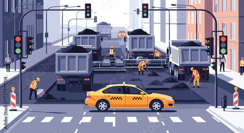 Urban road construction and asphalt paving with heavy machinery and workers.