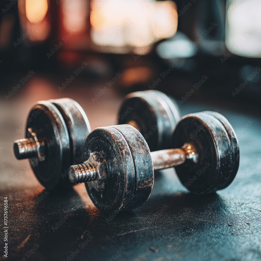 Naklejka premium Pair Of Vintage Dumbbells On Dark Gym Floor
