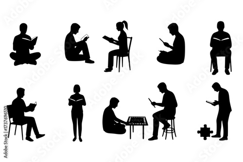 Vector Silhouette Set of People Enjoying Unplugged, Offline Activities and Hobbies