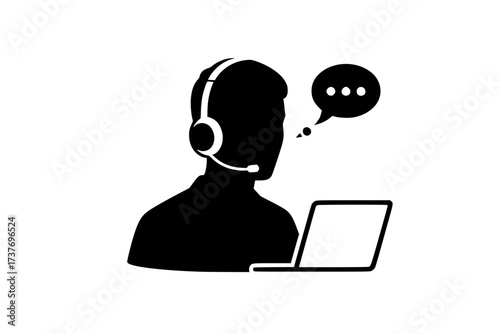 Vector Silhouette of a Remote Worker or Virtual Assistant with Headset and Speech Bubble
