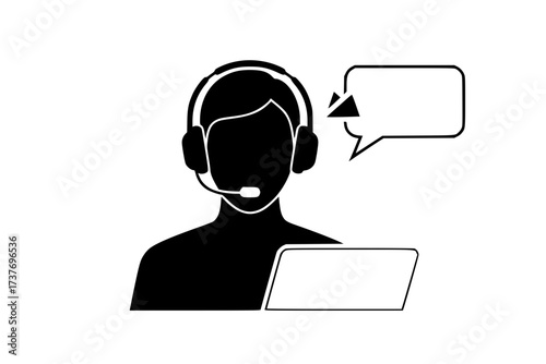 Vector Silhouette of a Remote Worker or Virtual Assistant with Headset and Speech Bubble