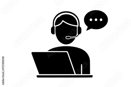 Vector Silhouette of a Remote Worker or Virtual Assistant with Headset and Speech Bubble
