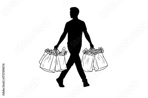 Full-Body Vector Silhouette of an Eco-Conscious Shopper with Reusable Grocery Bags