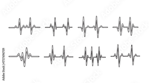 Collection of eight distinct electrocardiogram heart rhythm lines representing various cardiac pulses vector