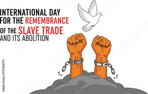 Symbolic image of raised, shackled hands breaking free, representing liberation and remembrance of the slave trade's abolition.