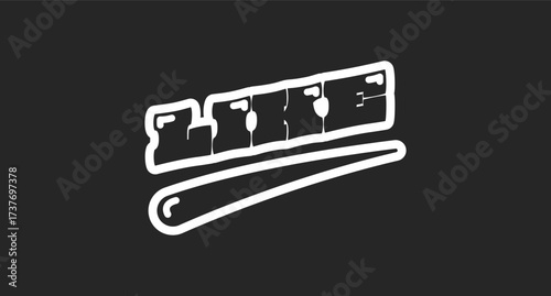 Like retro black outline social media button. Video engagement. Interactive callout, feedback. Thumb up to post. Rounded bubble letters with swoosh. Vintage sports, varsity typography. Oi font used
