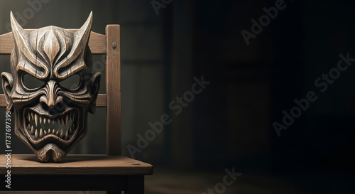 Halloween mask depicting a devil face rests on wooden chair in dimly lit room. This Halloween mask exhibits intricate carvings and sharp demonic features, creating an eerie atmosphere.