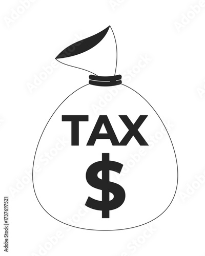 Tax money bag 2D line object. Taxation, finance, government revenue sack. Savings deduction. Economic moneybag. Public funds isolated clipart vector ink outline item. Monochrome spot illustration