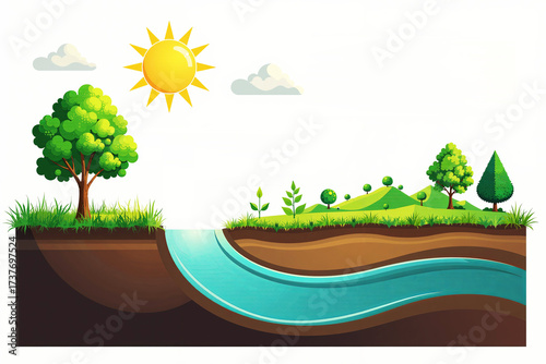 illustration of a geological cross-section showing a river flowing through a natural landscape with trees, hills, and distinct soil layers. Ideal for educational and environmental themes.