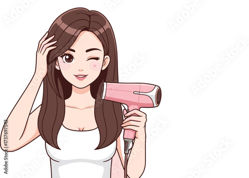 Beautiful young woman using hair dryer, hair care routine, beauty styling, long hair girl, smiling model, winking pose illustration