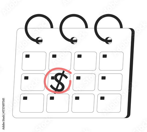 Marked calendar with dollar sign 2D line object. Financial deadline. Encircled payday date calender. Money schedule. Tax payment isolated clipart vector ink outline item. Monochrome spot illustration