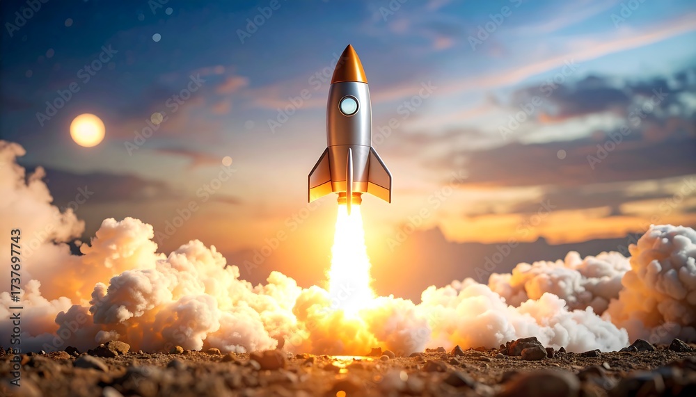 Fototapeta premium Rocket Taking Off at Sunset with Fiery Exhaust and Dramatic Sky