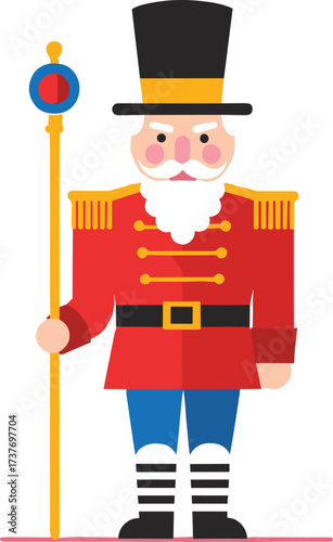 Cartoon illustration of traditional guard soldier in red uniform, holding staff, wearing tall black hat, festive character design, cultural artwork