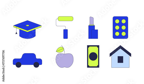 Budget categories 2D cartoon objects set. Education, transportation, housing, groceries, medicine. Common expenses isolated elements flat vector clip arts on white. Spot illustrations collection