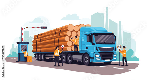 Log truck undergoing inspection at a weigh station near a city.