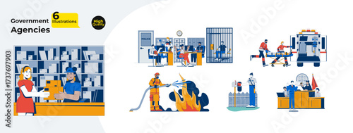 Government agencies, public service cartoon flat illustrations mega bundle. Police department, firefighting, court, paramedic ambulance 2D images isolated on white. Collection vector drawings colorful