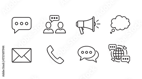 Set of hand drawn communication icons featuring speech bubbles mailphone megaphone and globe symbols vector