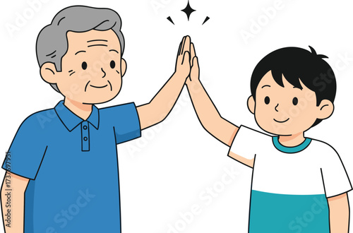 Grandfather and grandson giving high five, happy family bonding, smiling faces, togetherness, generation connection, illustration of love, support, respect, joy