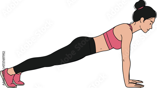 Fitness woman doing push up exercise, workout strength training pose, healthy lifestyle concept, bodyweight training illustration, gym exercise activity, sport design