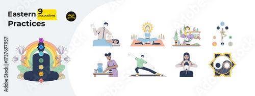 Eastern healing and spiritual wellness cartoon flat illustrations mega bundle. Acupuncture, chakra meditation, yoga, yin yang balance 2D images isolated on white. Collection vector drawings colorful