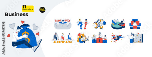 Business doodle cartoon illustrations mega bundle. Finance, bankruptcy, workload, career competition, startup. Entrepreneur employees 2D doodleart hand-drawn. Collection vector drawings colorful