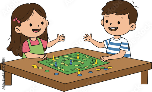 Happy kids playing board game at home, children enjoying fun activity indoors, friends smiling, learning, sharing, teamwork, family, childhood, entertainment