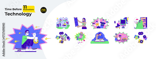 Nostalgic life before modern technology cartoon flat illustrations mega bundle. Y2K 90s. Vintage vinyl, cassette vhs. Retro hobbies 2D images isolated on white. Collection vector drawings colorful