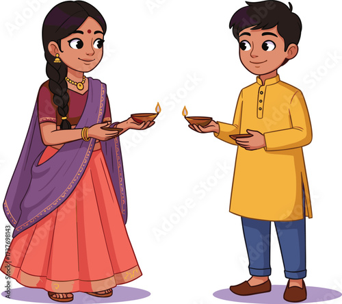 Indian boy and girl celebrating Diwali, holding oil lamps, traditional dress, festival of lights, culture, cartoon children, holiday celebration, happiness