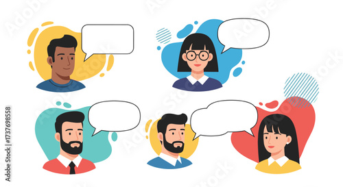 A diverse group of people engaging in conversation with empty speech bubbles above their heads representing communication and dialogue.