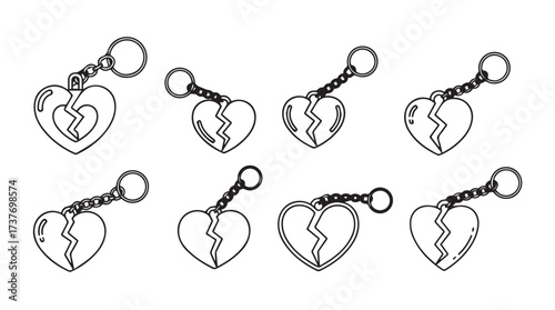 Collection of broken heart keychains hand drawn sketch style romantic relationship symbol vector