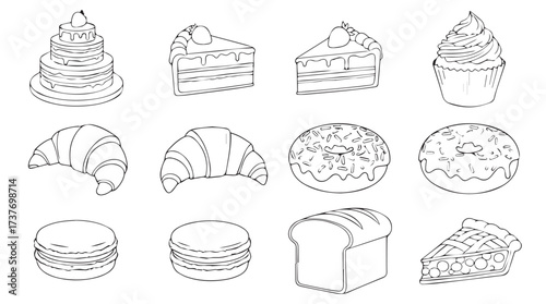 Collection of delicious baked goods and pastries hand drawn sketches for culinary design and food concepts vector